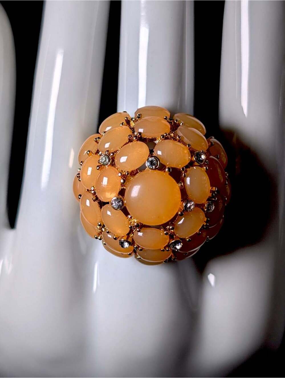 Vintage Orange Cabochon and Rhinestone Cocktail Gold Toned Ring